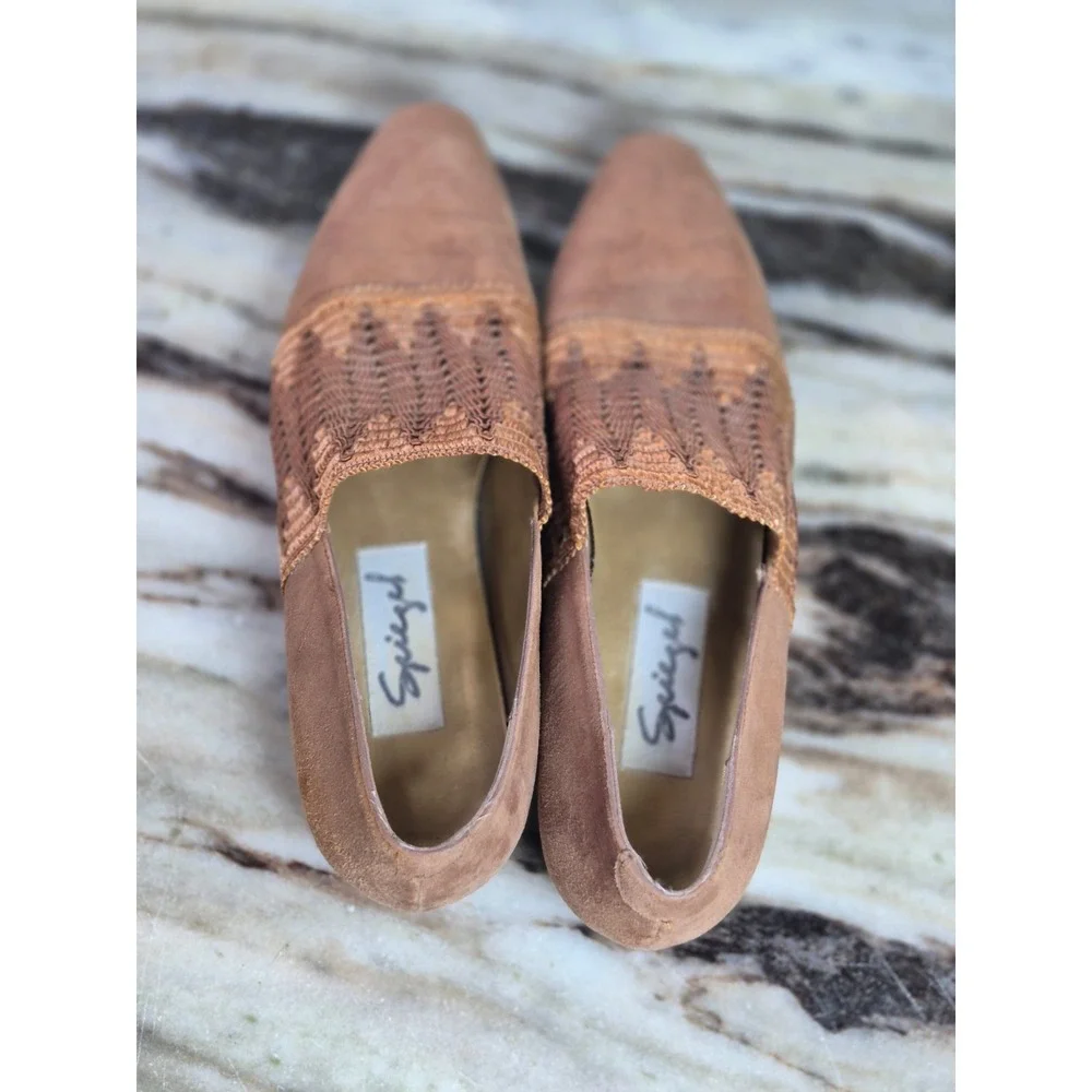 Spiegel Vintage Tan Suede Woven Vamp Pointed Toe Loafers Made in Italy Size 7.5M